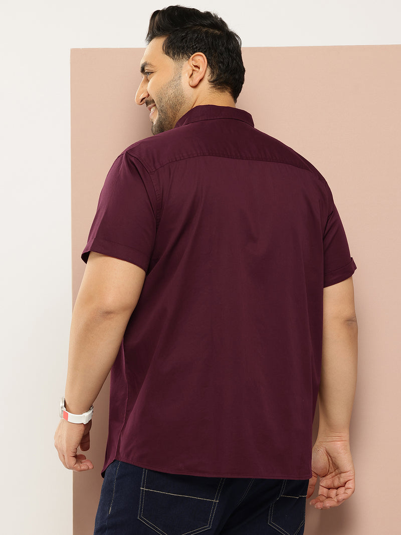 Thomas Scott Men Wine Plus Size Regular Fit Short Sleeves Spread Collar 100% Cotton Casual Shirt