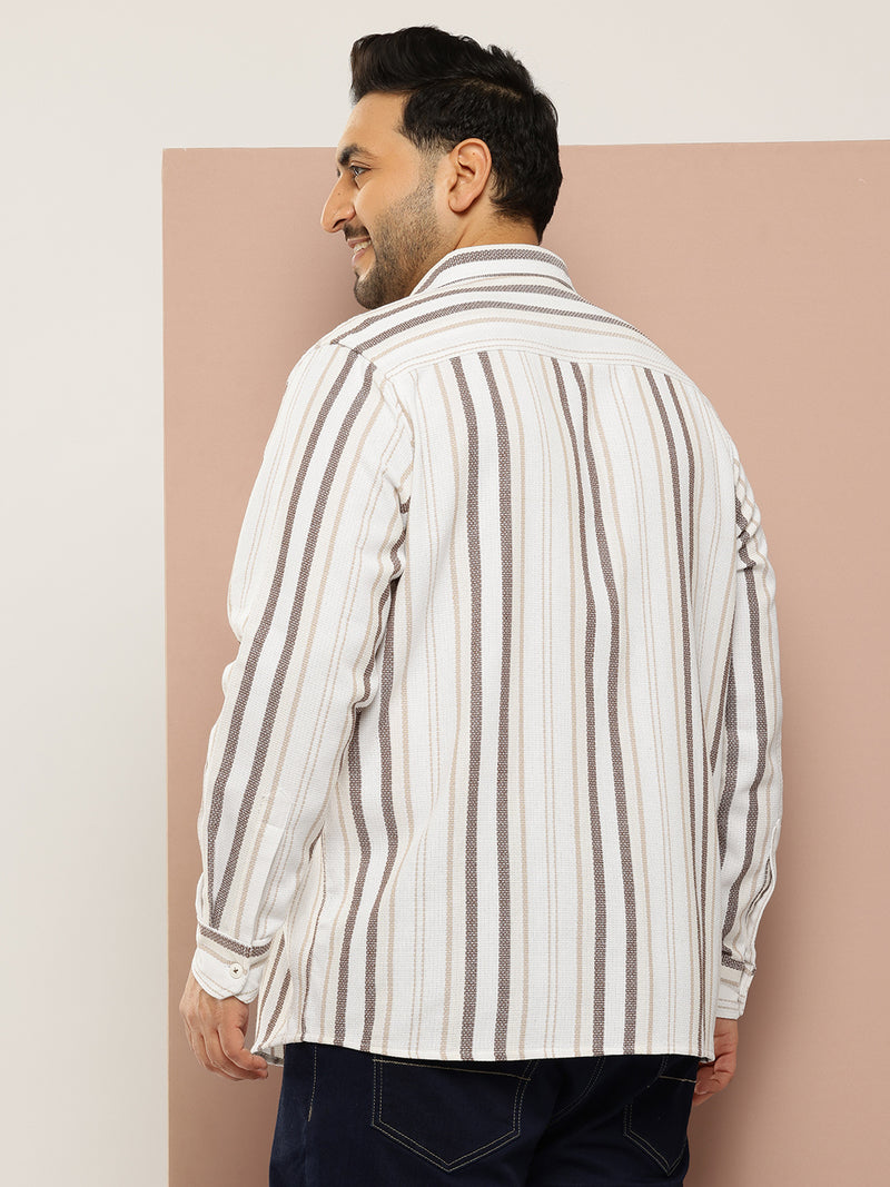Thomas Scott Men Cream Plus Size Regular Fit Long Sleeves Spread Collar Multi Stripes 100% Cotton Casual Shirt