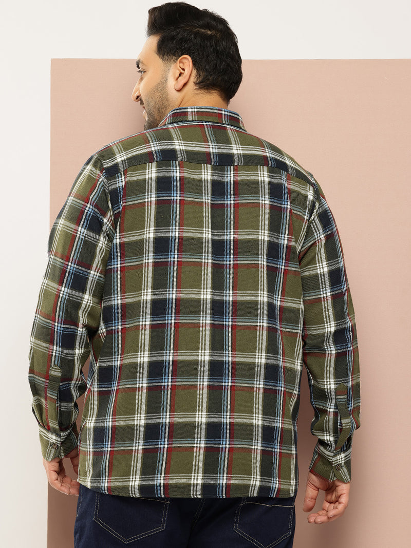 Thomas Scott Men Green Plus Size Regular Fit Long Sleeves Spread Collar Shepherd Checks 100% Cotton Casual Shirt