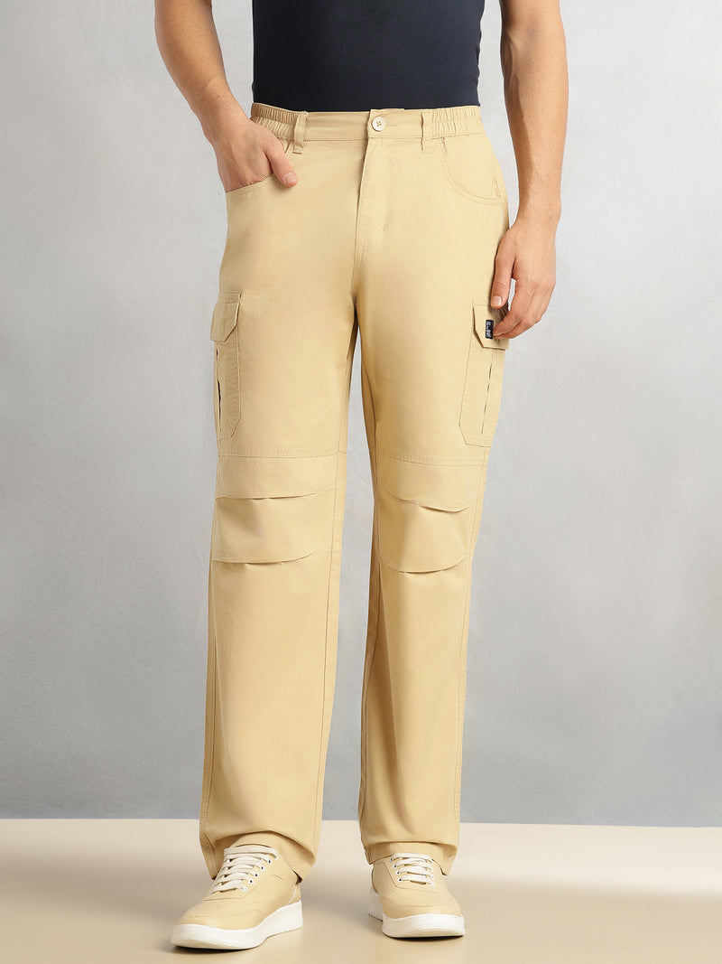 Thomas Scott Men Beige Cricket Club Collection Mid-Rise 100% Cotton Loose Fit Solid Woven Cargo Trouser