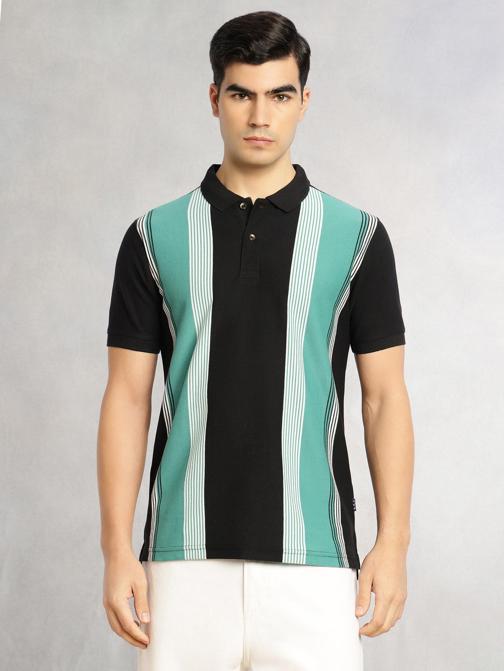 Thomas Scott Men Black Regular Fit Short Sleeves Striped Cotton Polyester Knitted Polo Collar Tshirt