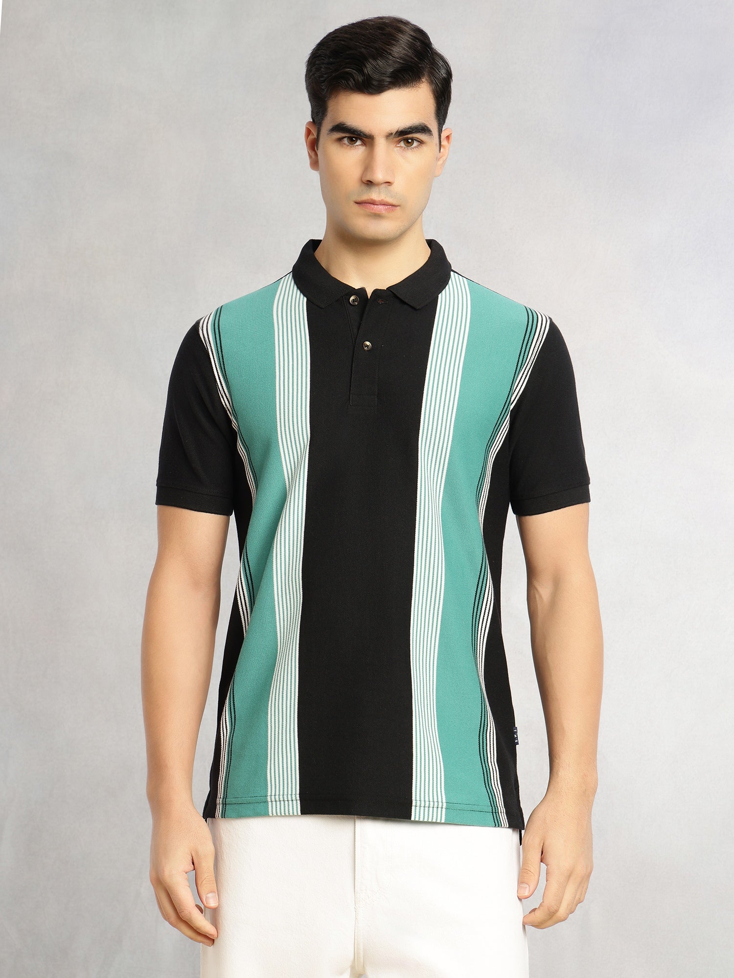 Thomas Scott Men Black Regular Fit Short Sleeves Striped Cotton Polyester Knitted Polo Collar Tshirt