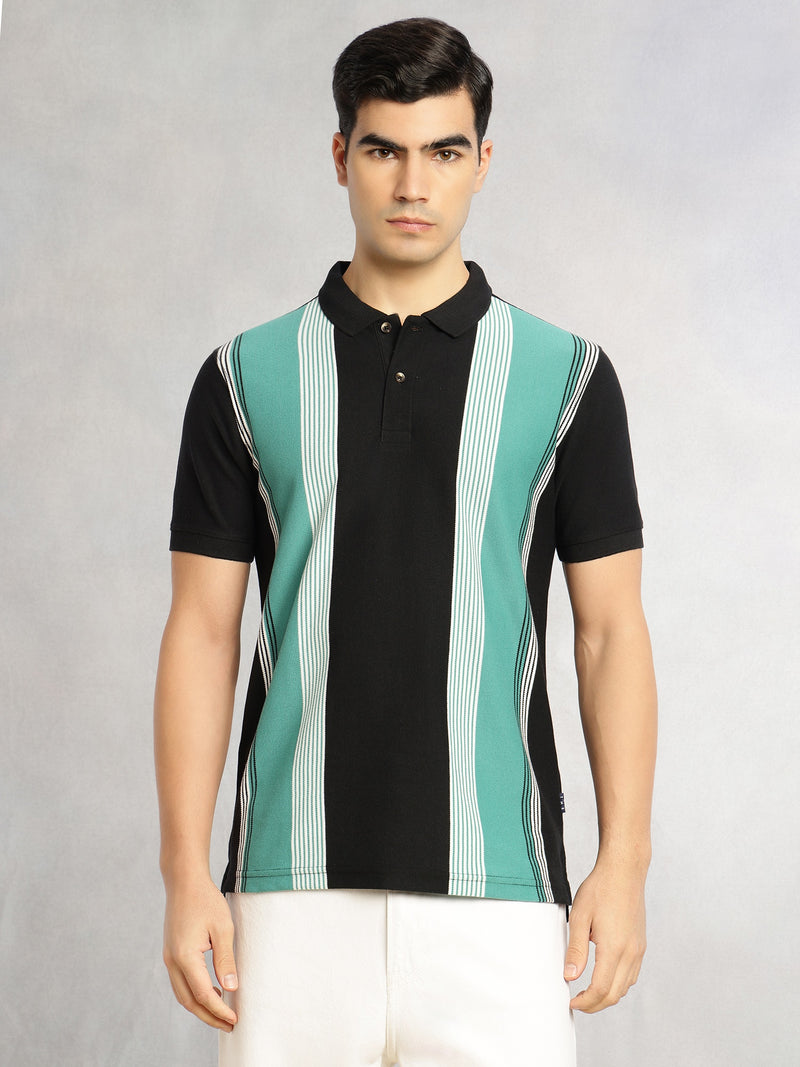 Thomas Scott Men Black Regular Fit Short Sleeves Striped Cotton Polyester Knitted Polo Collar Tshirt