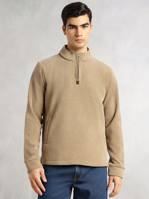 Thomas Scott Men Beige Regular Fit Long Sleeves Mock Collar Solid 100% Polyester Half-Zip Knitted Sweatshirt