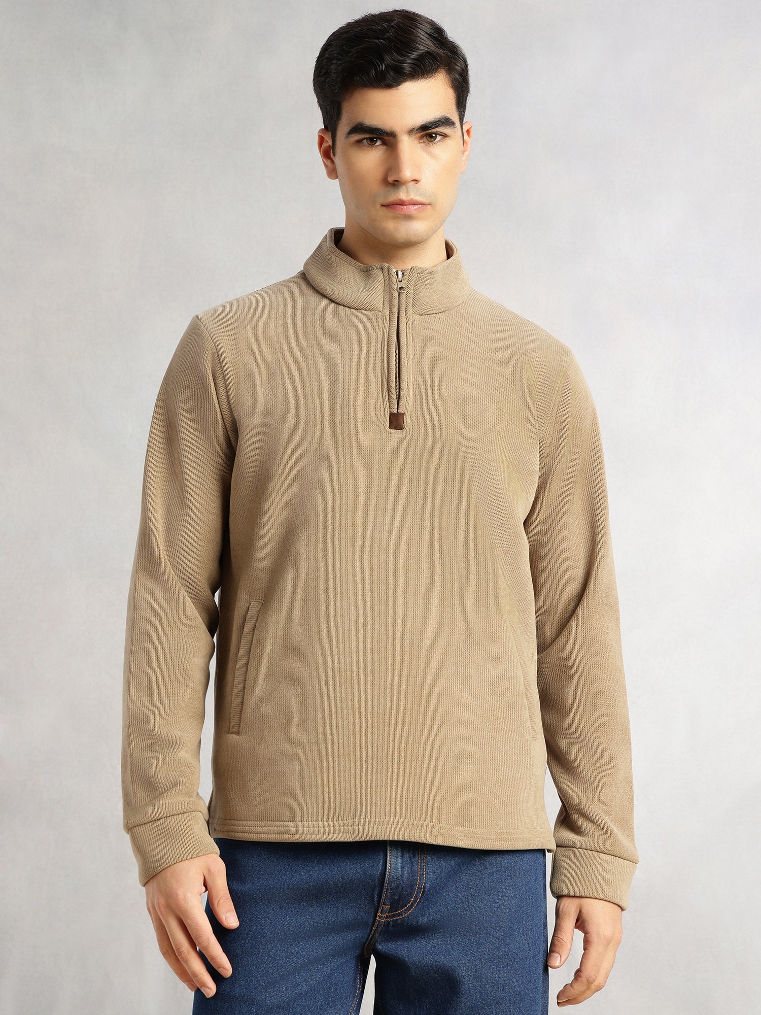 Thomas Scott Men Beige Regular Fit Long Sleeves Mock Collar Solid 100% Polyester Half-Zip Knitted Sweatshirt