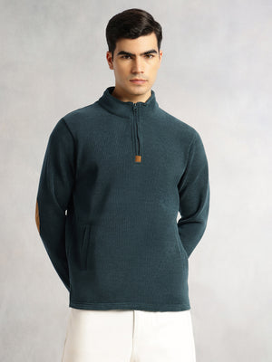 Thomas Scott Men Green Regular Fit Long Sleeves Mock Collar Solid 100% Polyester Half-Zip Knitted Sweatshirt