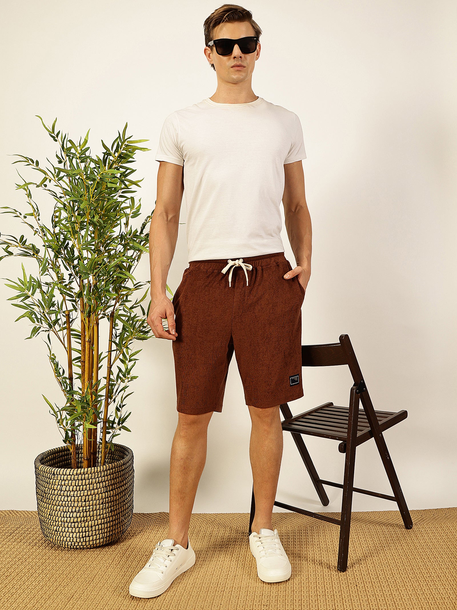 Thomas Scott Men Coffee Brown Relaxed Fit Mid-Rise Knitted Shorts