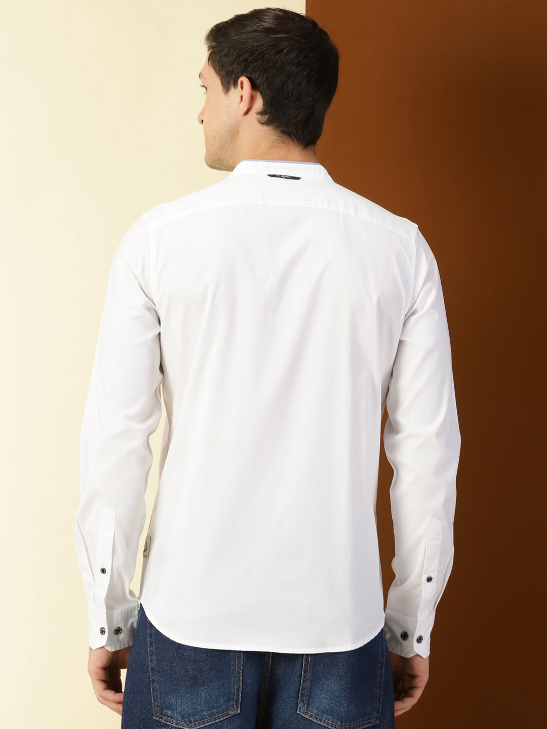 Thomas Scott Men White Cricket Club Collection Slim Fit Long Sleeves Band Collar Cotton Casual Shirt
