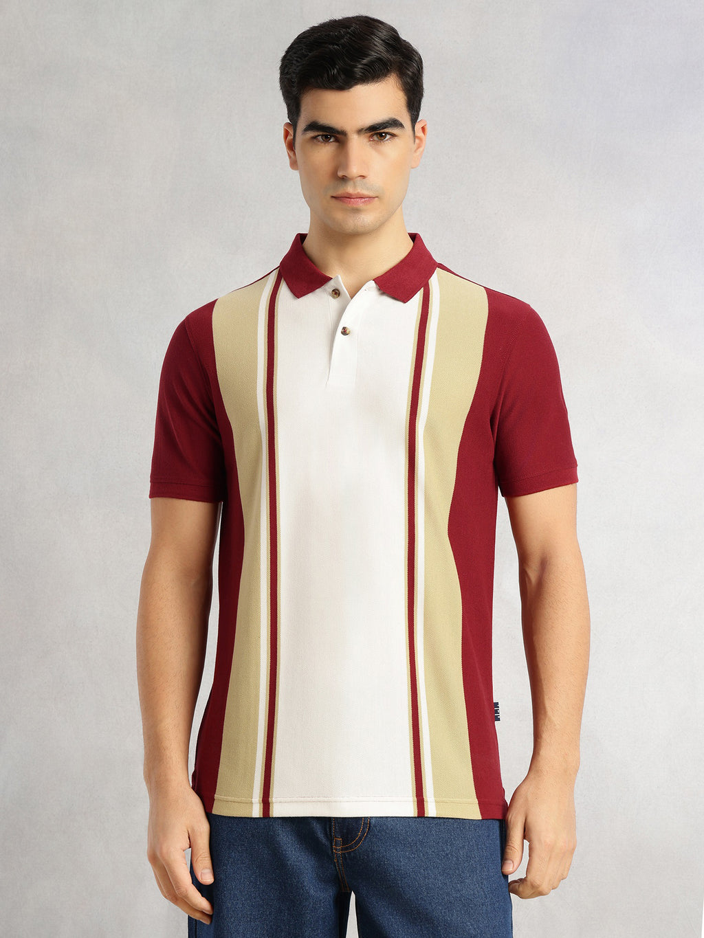 Thomas Scott Men Brick Red Regular Fit Short Sleeves Striped Cotton Polyester Knitted Polo Collar Tshirt
