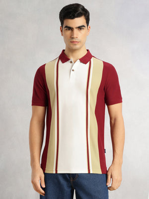 Thomas Scott Men Brick Red Regular Fit Short Sleeves Striped Cotton Polyester Knitted Polo Collar Tshirt