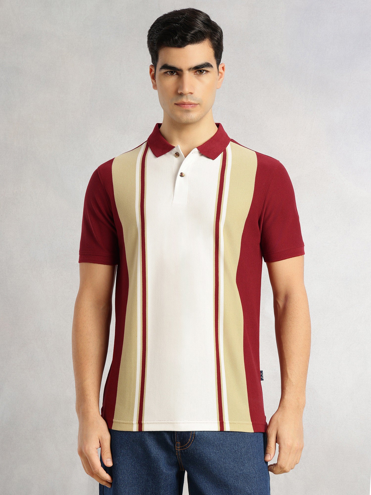 Thomas Scott Men Brick Red Regular Fit Short Sleeves Striped Cotton Polyester Knitted Polo Collar Tshirt