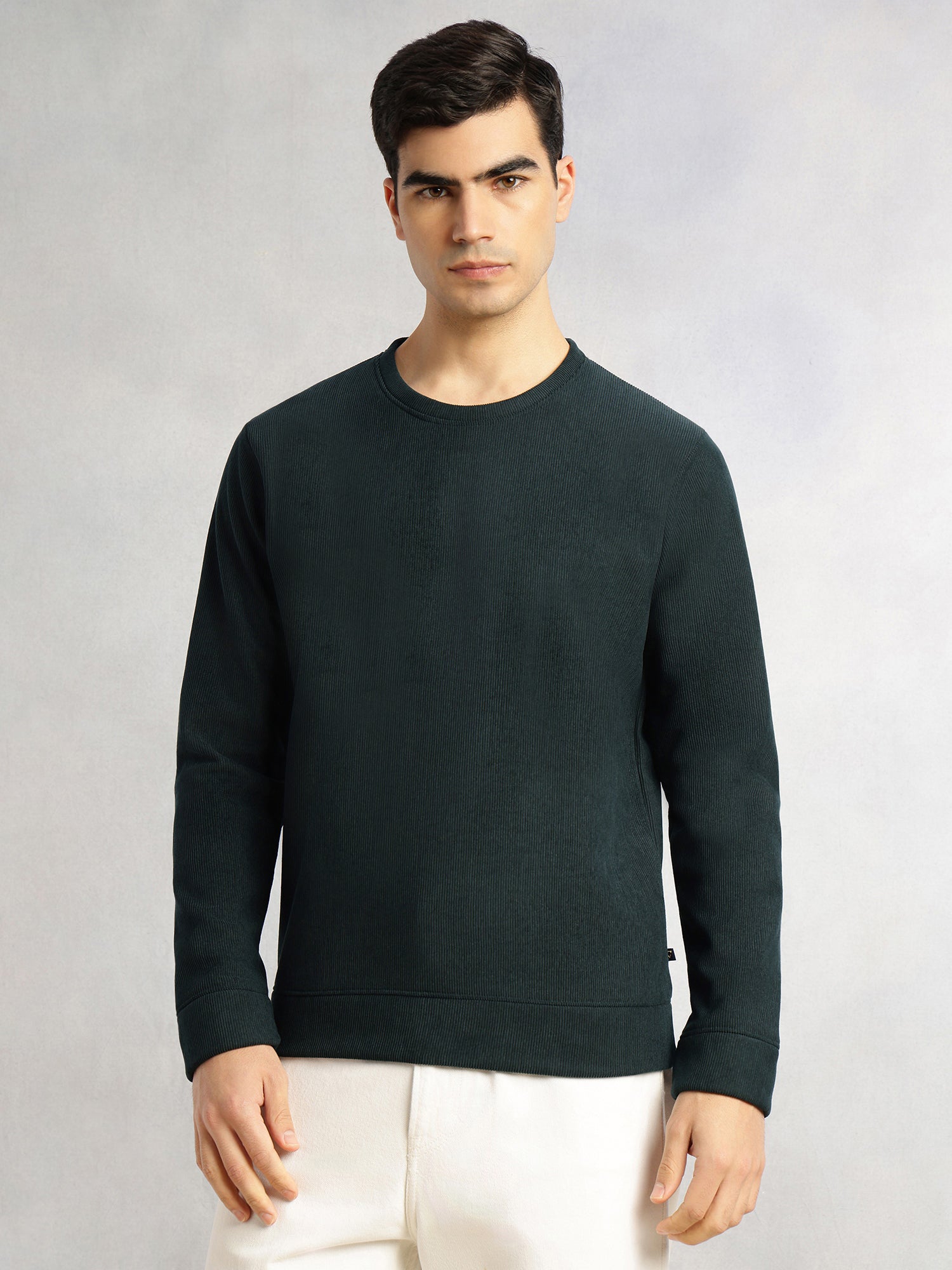 Thomas Scott Men Bottle Green Regular Fit Long Sleeves Round Neck Solid Polyester Pullover Sweatshirt