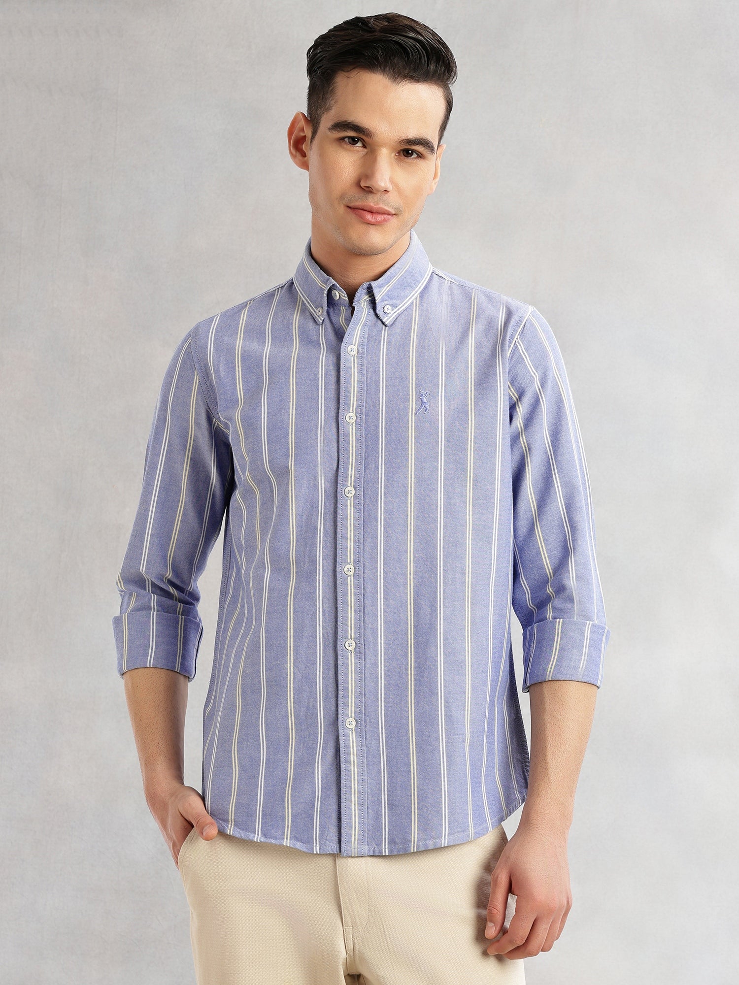 Thomas Scott Men Blue Cricket Club Collection Slim Fit Long Sleeves Button Down Collar Vertical Stripes Oxford Casual Shirt