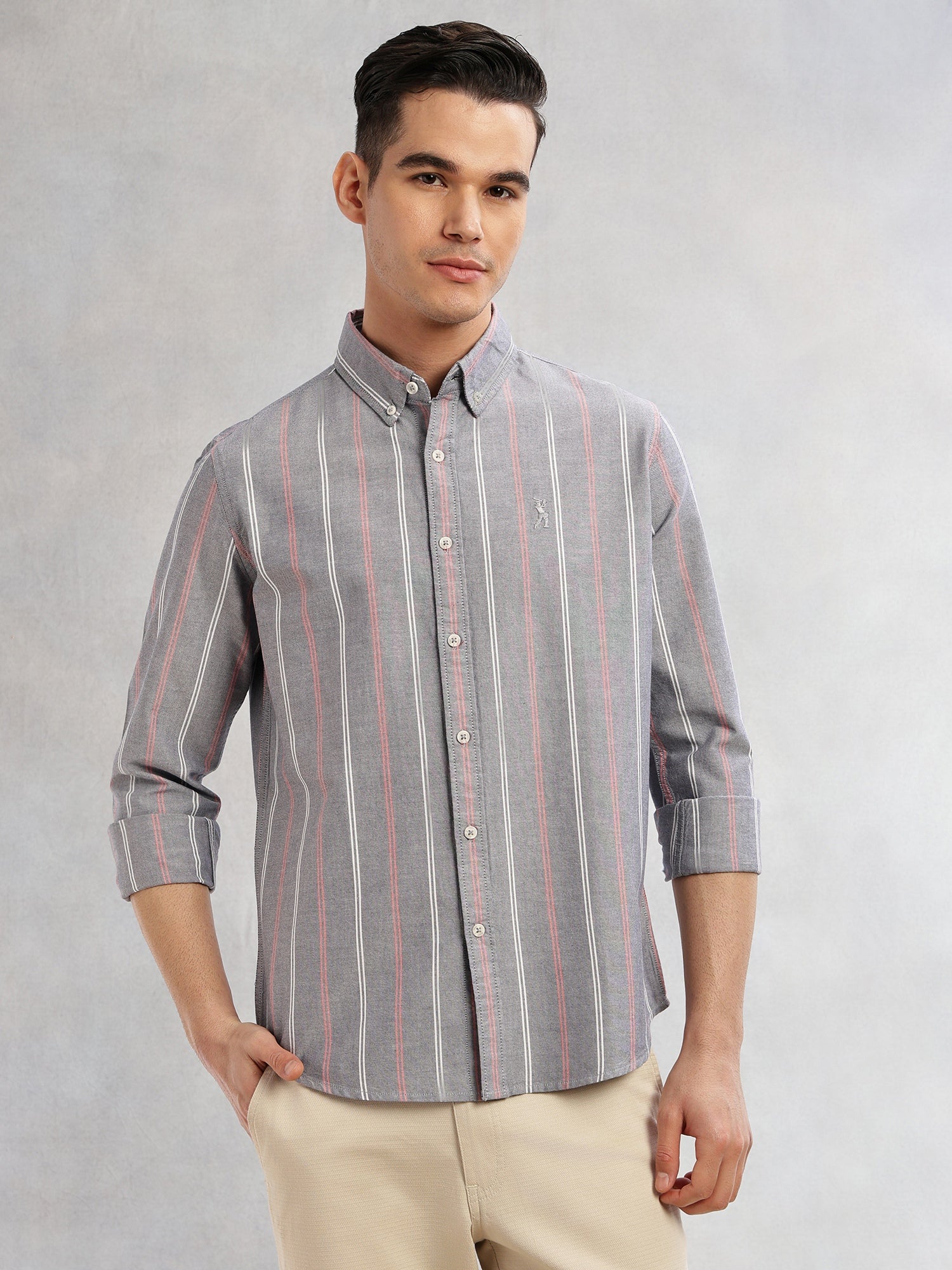 Thomas Scott Men Navy Cricket Club Collection Slim Fit Long Sleeves Button Down Collar Vertical Stripes Oxford Casual Shirt