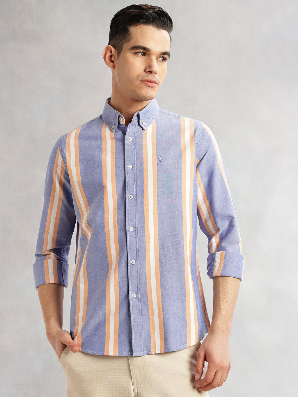 Thomas Scott Men Blue Cricket Club Collection Slim Fit Long Sleeves Vertical Stripes Button Down Collar Oxford Casual | Shirt