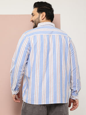 Thomas Scott Men Blue Cricket Club Collections Plus Size Regular Fit Long Sleeves Button-Down Collar Multi Stripes 100% Cotton Casual Shirt