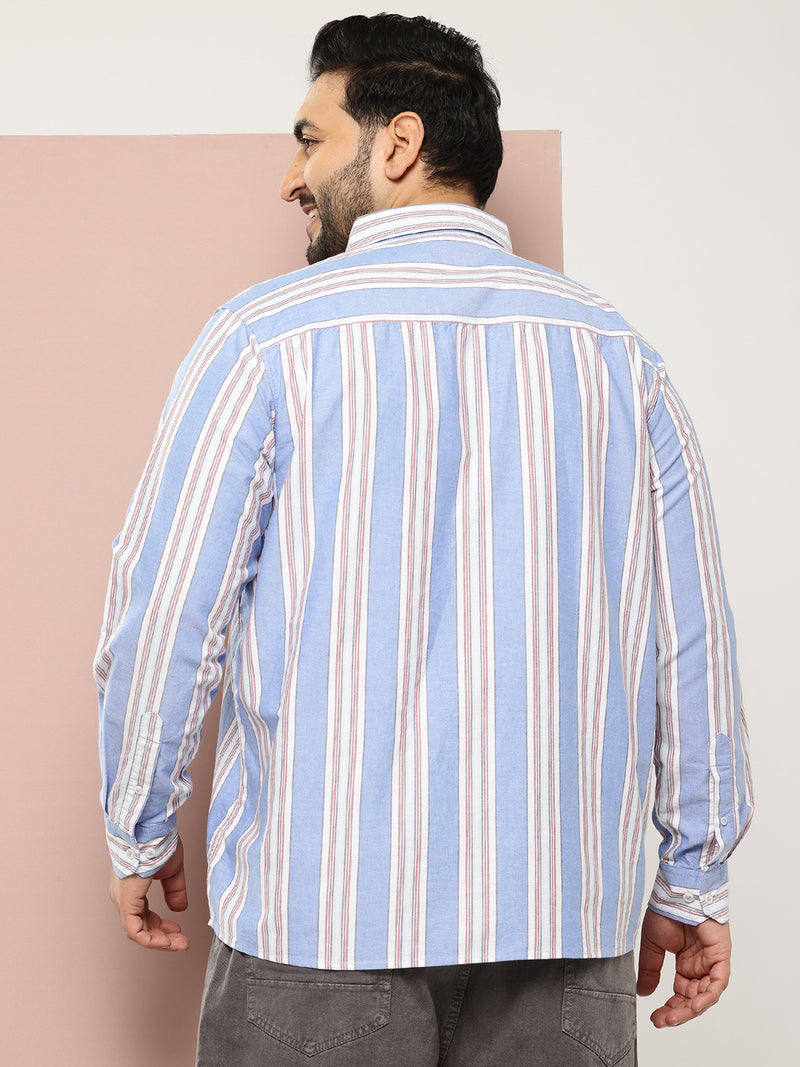 Thomas Scott Men Blue Cricket Club Collections Plus Size Regular Fit Long Sleeves Button-Down Collar Multi Stripes 100% Cotton Casual Shirt