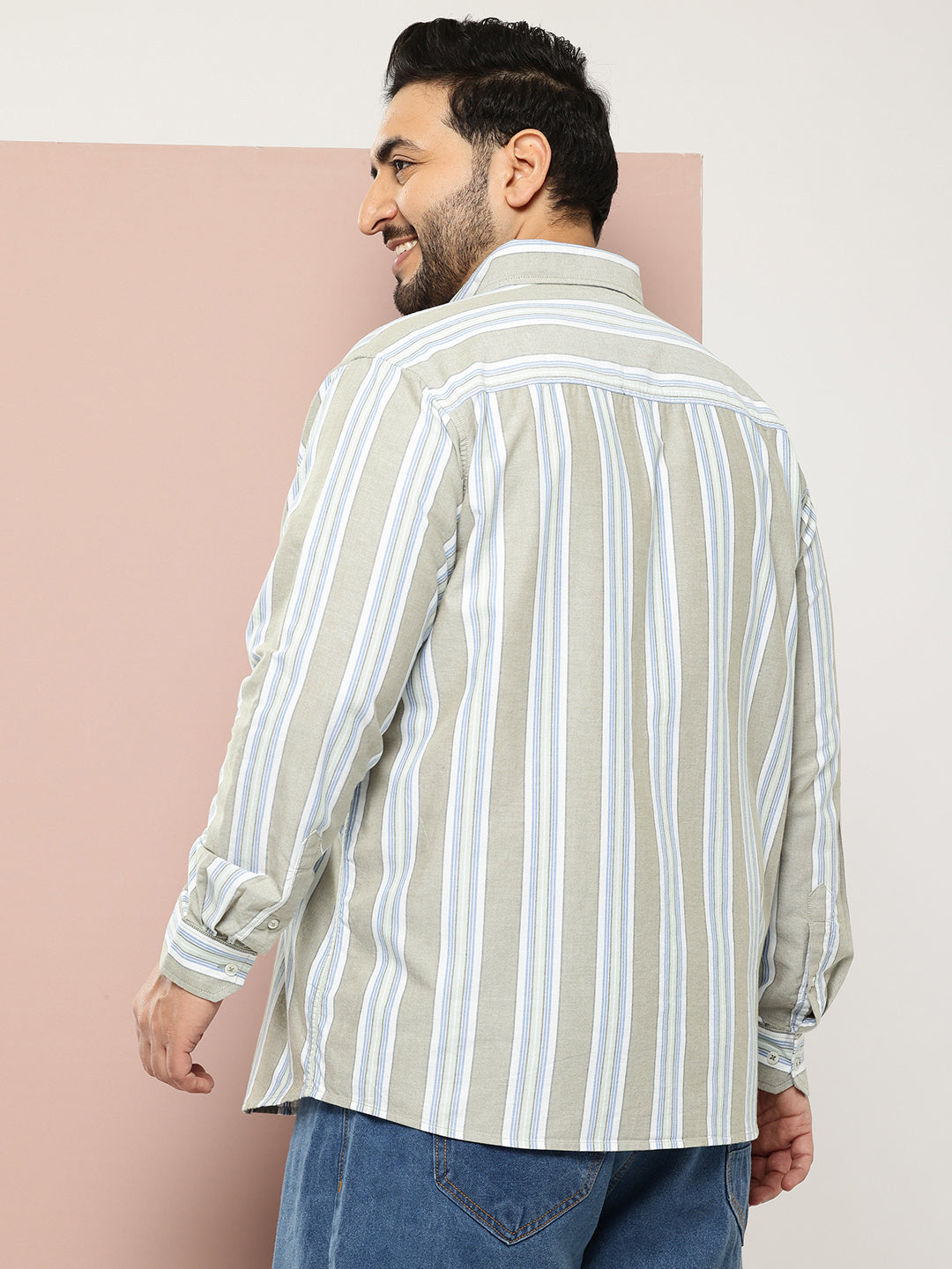 Thomas Scott Men Green Cricket Club Collections Plus Size Regular Fit Long Sleeves Button-Down Collar Multi Stripes 100% Cotton Casual Shirt