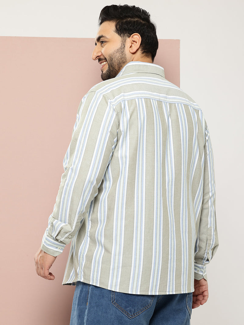 Thomas Scott Men Green Cricket Club Collections Plus Size Regular Fit Long Sleeves Button-Down Collar Multi Stripes 100% Cotton Casual Shirt