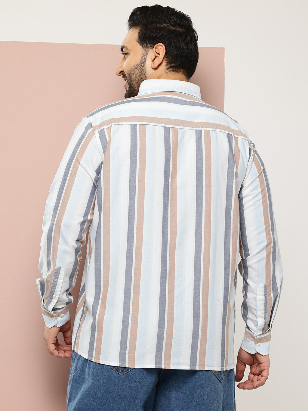Thomas Scott Men White Plus Size Cricket Club Collections Long Sleeves Button Down Collar Multi Stripes Oxford Casual Shirt