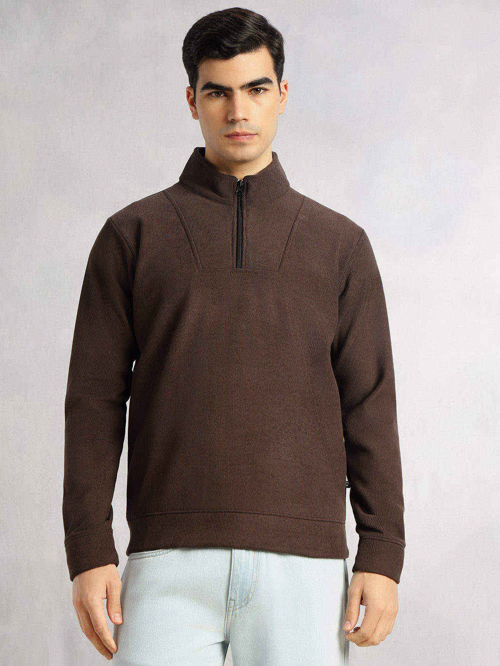 Thomas Scott Men Brown Regular Fit Long Sleeves Mock Neck Half-Zip Solid Polyester Knitted Sweatshirt