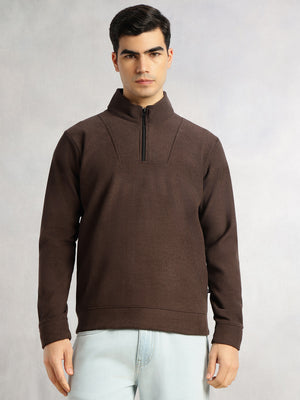 Thomas Scott Men Brown Regular Fit Long Sleeves Mock Neck Half-Zip Solid Polyester Knitted Sweatshirt