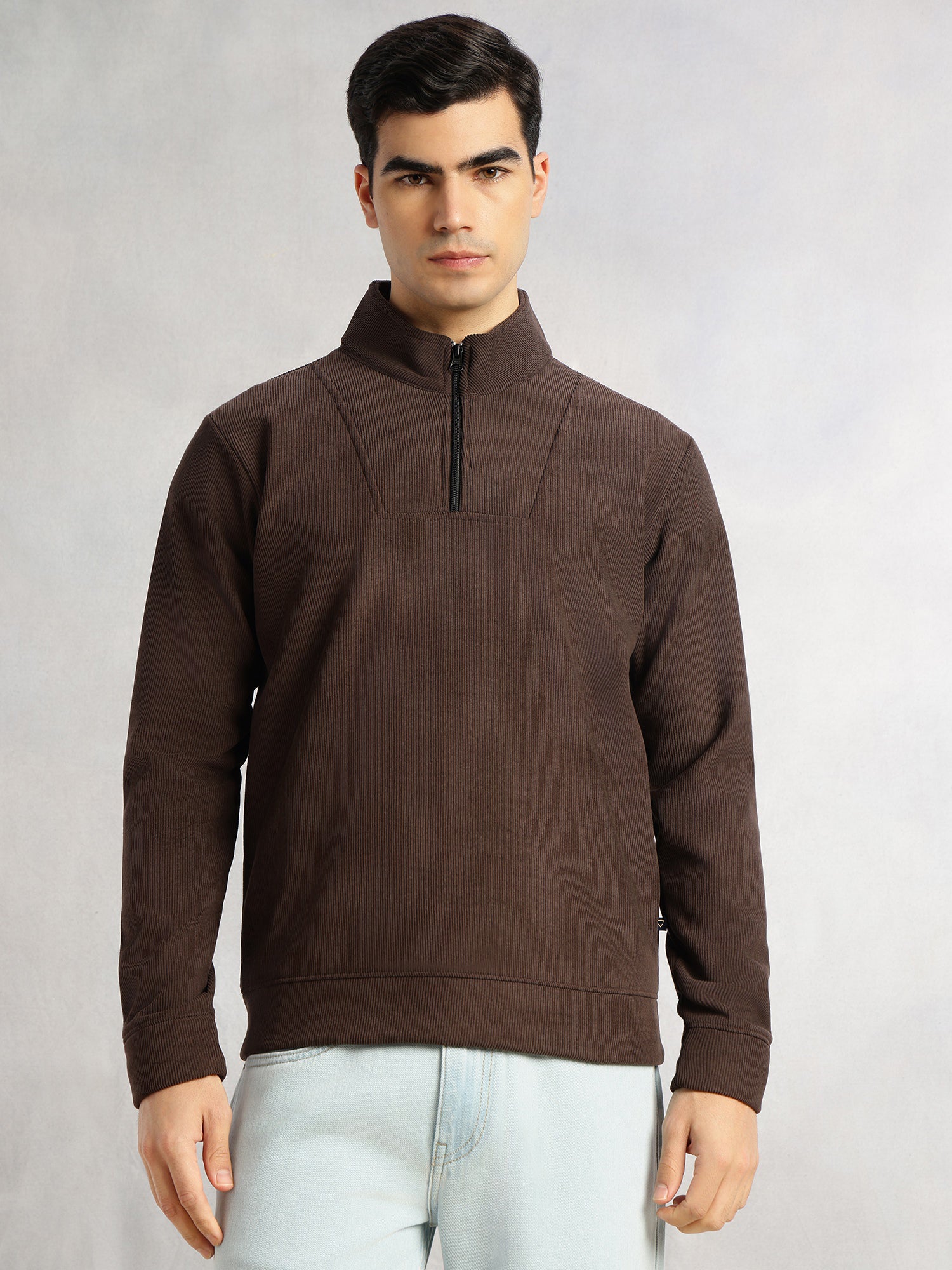 Thomas Scott Men Brown Regular Fit Long Sleeves Mock Neck Half-Zip Solid Polyester Knitted Sweatshirt