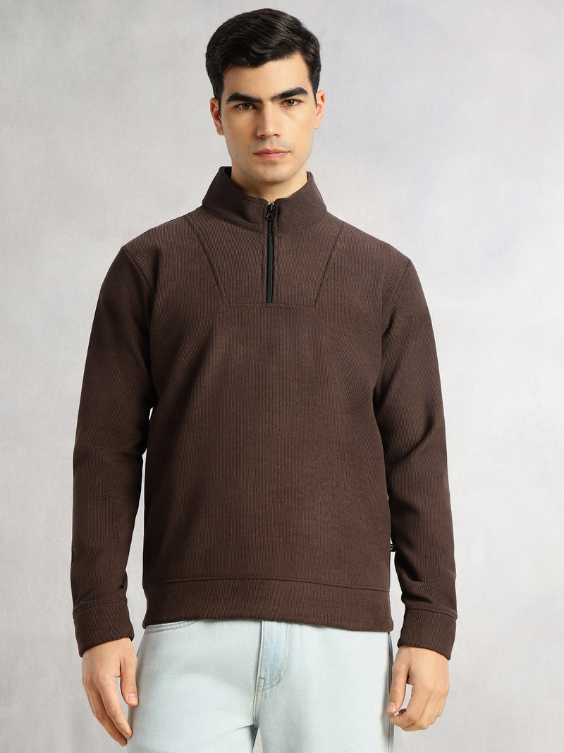 Thomas Scott Men Brown Regular Fit Long Sleeves Mock Neck Half-Zip Solid Polyester Knitted Sweatshirt