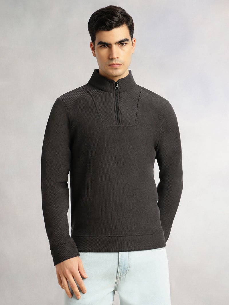 Thomas Scott Men Grey Regular Fit Long Sleeves Mock Neck Half-Zip Solid Polyester Knitted Sweatshirt