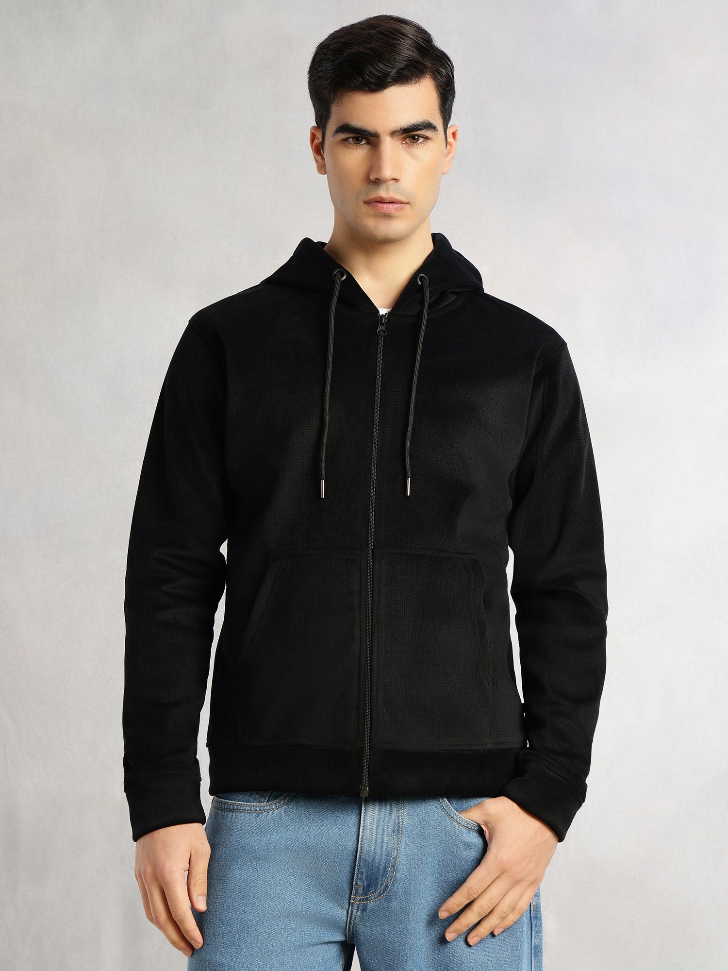 Thomas Scott Men Black Regular Fit Long Sleeves Kangaroo Pocket Polyester Hoodie Sweatshirt