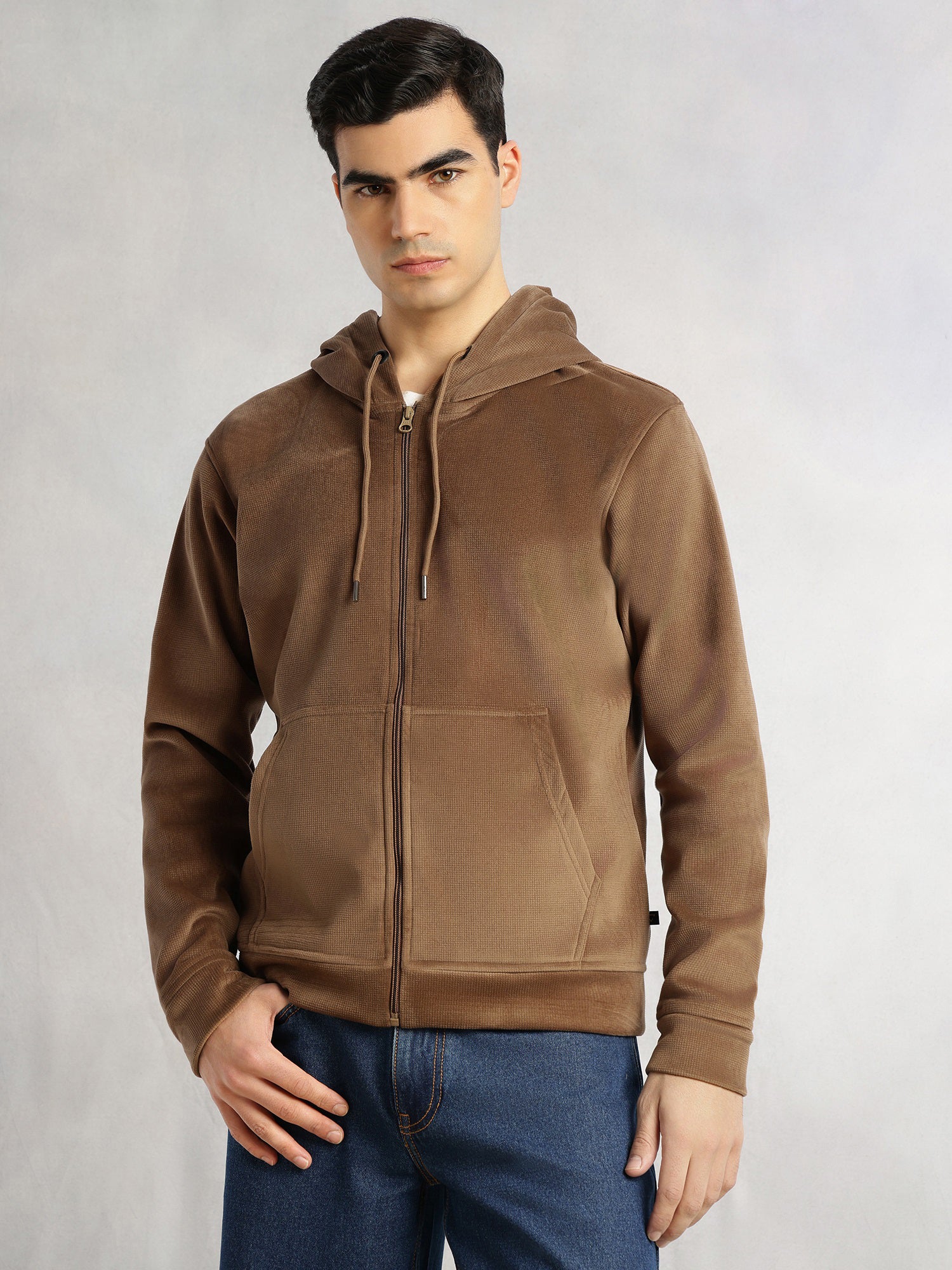 Thomas Scott Men Brown Regular Fit Long Sleeves Kangaroo Pocket Polyester Hoodie Sweatshirt