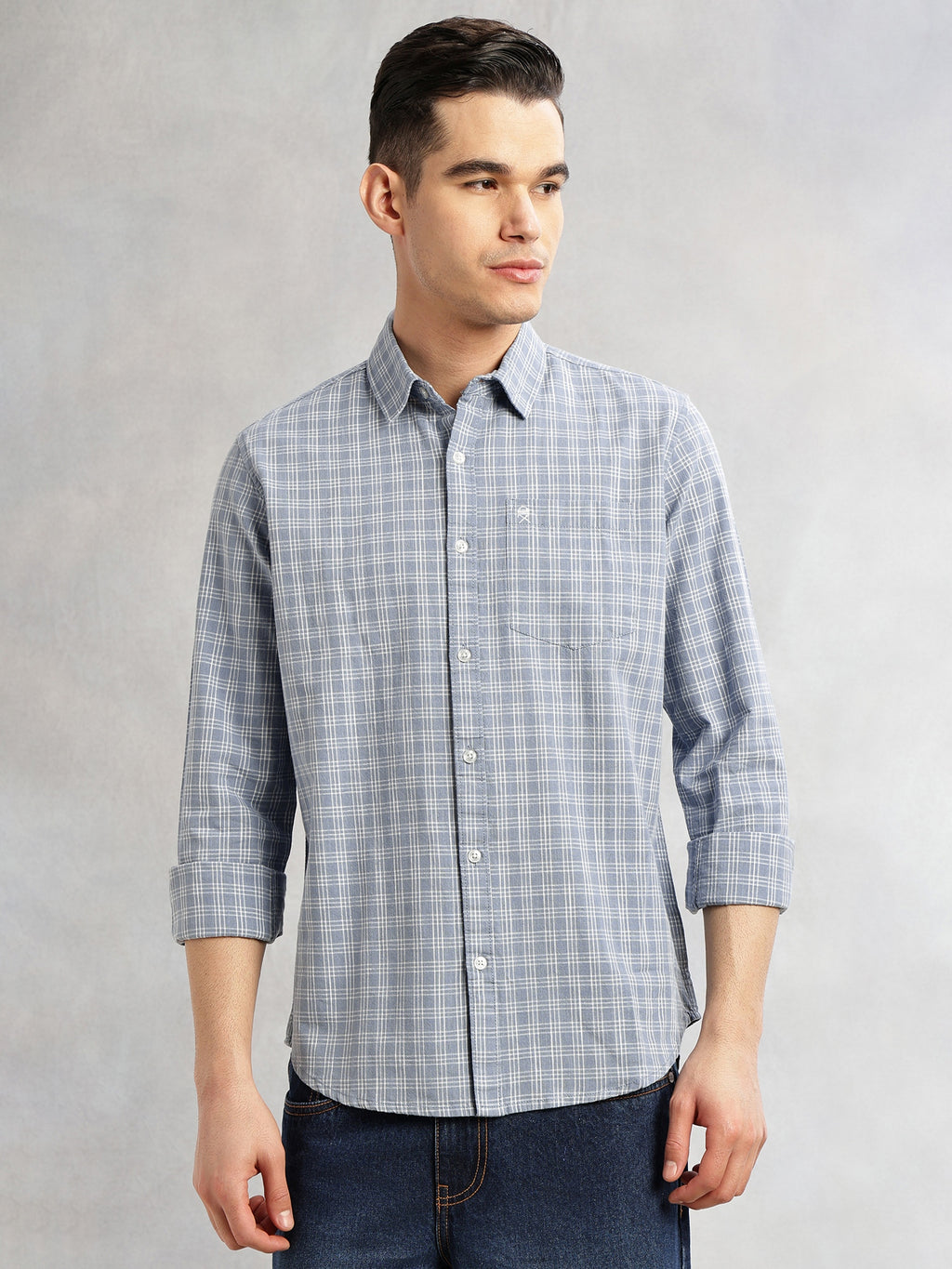Thomas Scott Men Blue Slim Fit Long Sleeves Spread Collar Tartan Checks Cotton Linen Casual Shirt