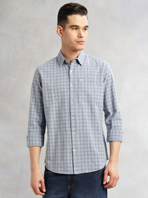 Thomas Scott Men Blue Slim Fit Long Sleeves Spread Collar Tartan Checks Cotton Linen Casual Shirt