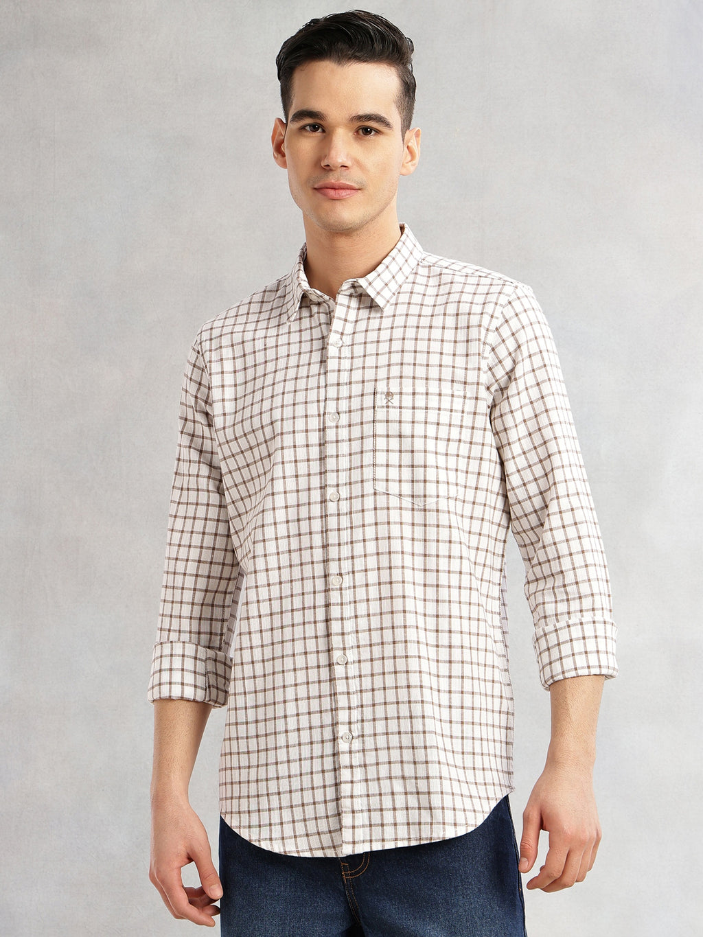 Thomas Scott Men Brown Slim Fit Long Sleeves Spread Collar Tartan Checks Cotton Linen Casual Shirt