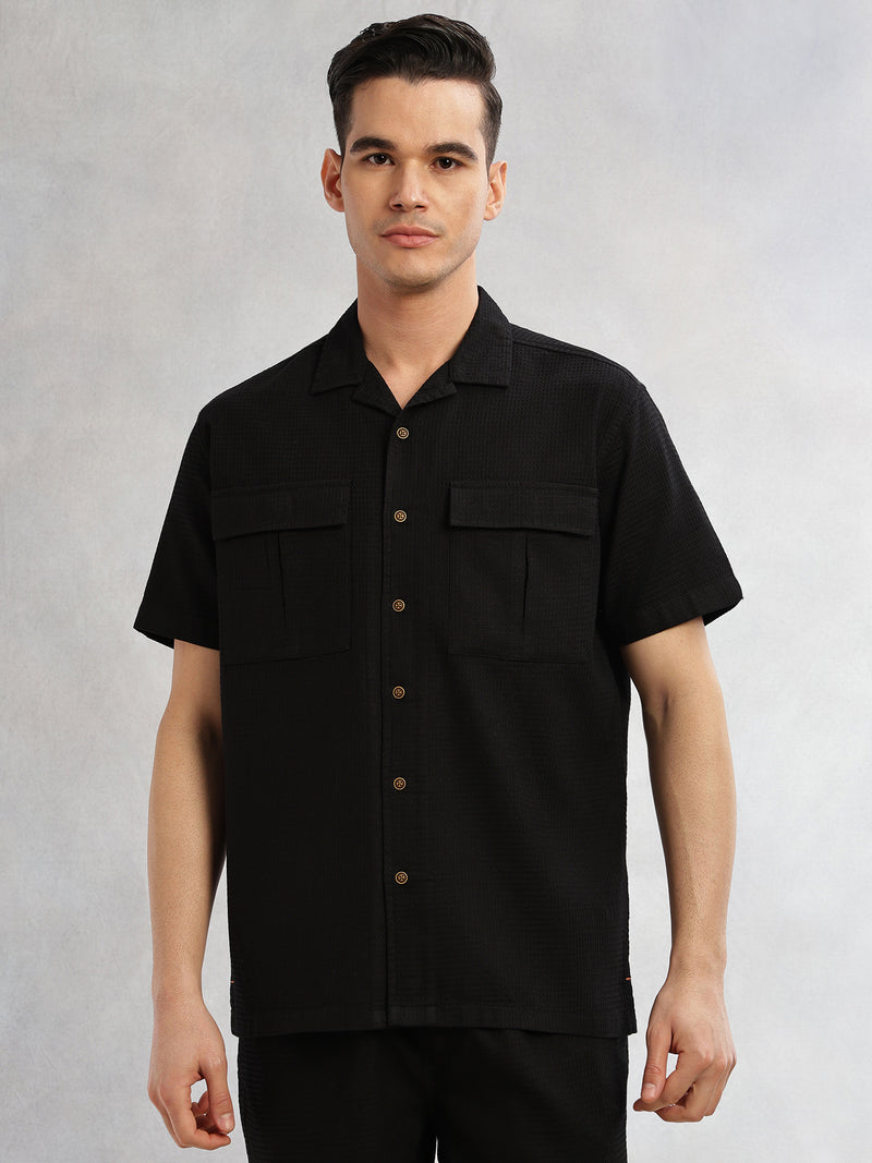 Thomas Scott Men Black Cricket Club Collection Oversized Fit Short Sleeves Textured Cotton Casual Shirt
