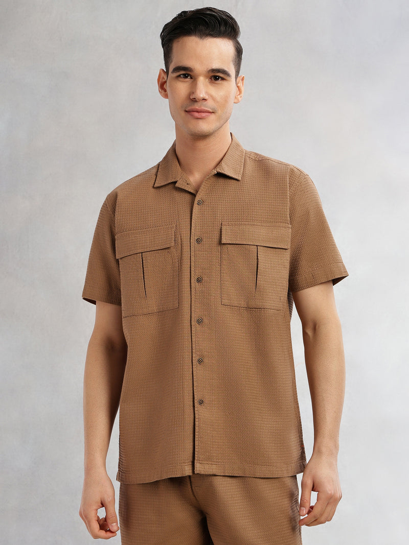 Thomas Scott Men Brown Cricket Club Collection Oversized Fit Short Sleeves Textured Cotton Casual Shirt