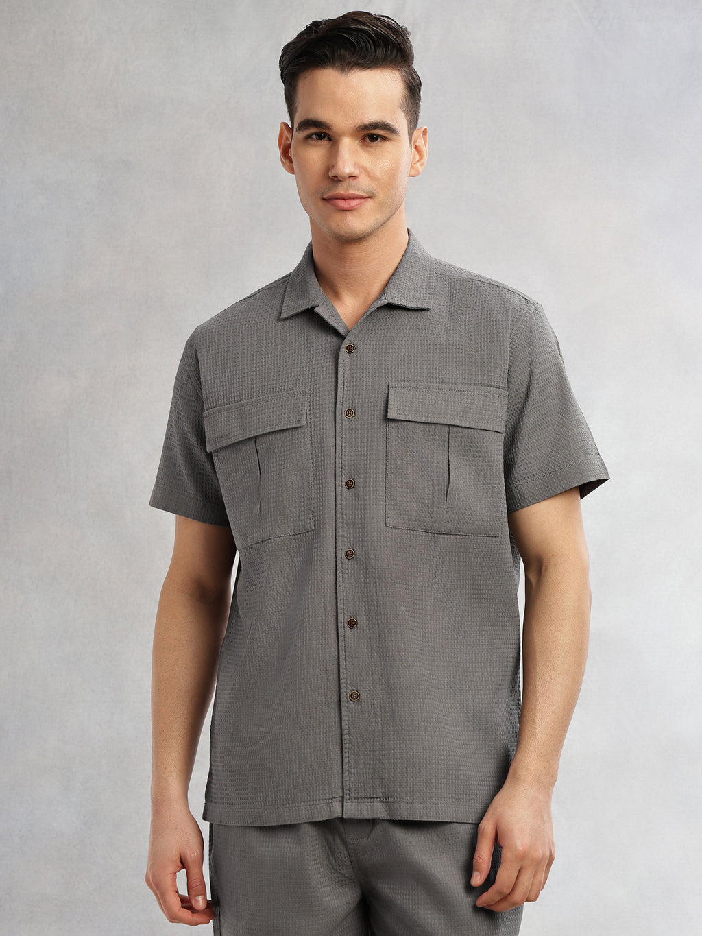 Thomas Scott Men Grey Cricket Club Collection Oversized Fit Short Sleeves Textured Cotton Casual Shirt