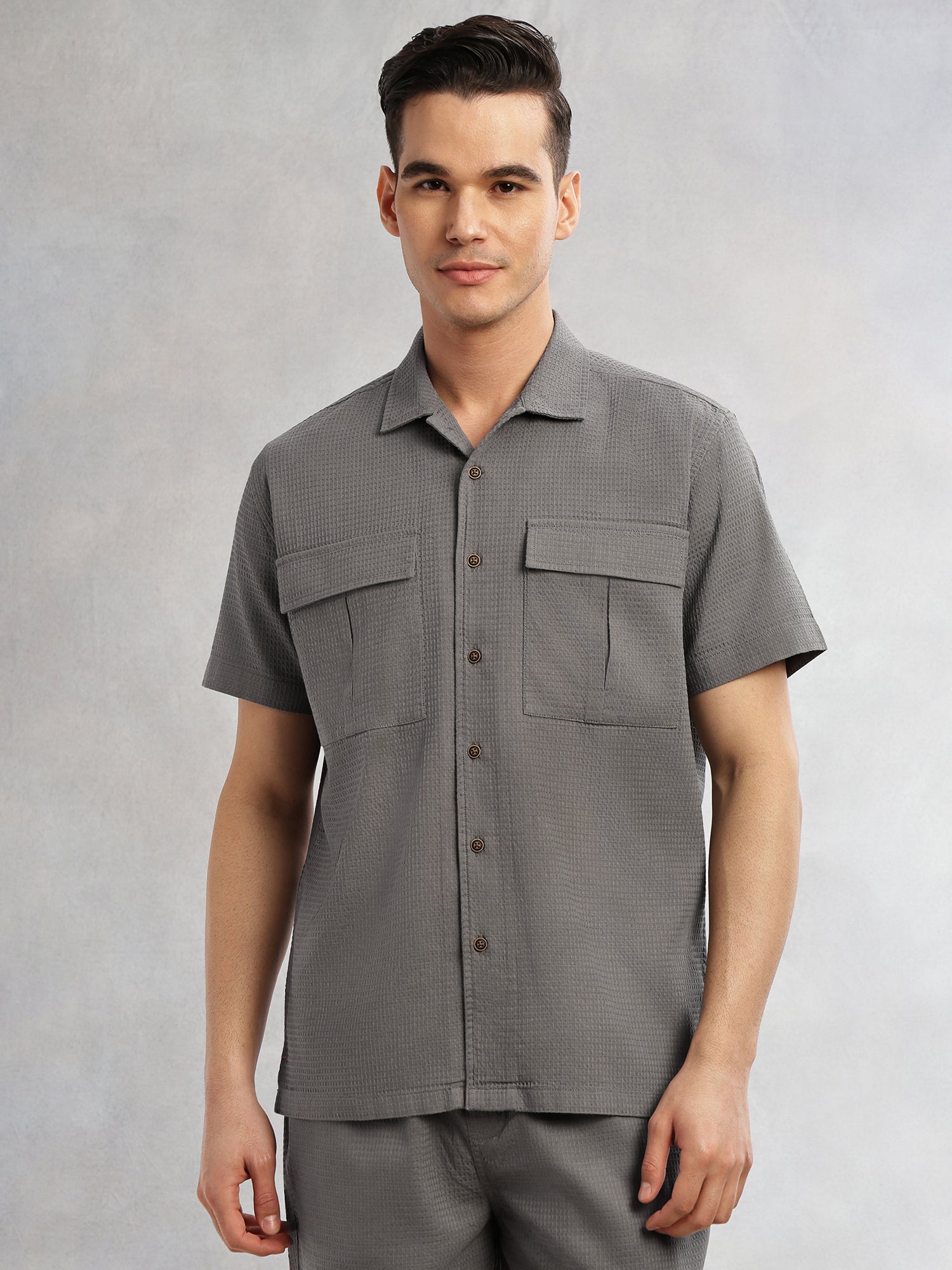 Thomas Scott Men Grey Cricket Club Collection Oversized Fit Short Sleeves Textured Cotton Casual Shirt