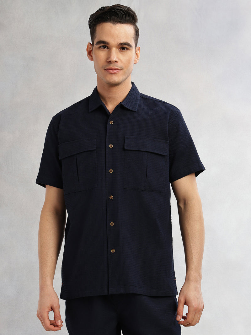 Thomas Scott Men Navy Cricket Club Collection Oversized Fit Short Sleeves Textured Cotton Casual Shirt