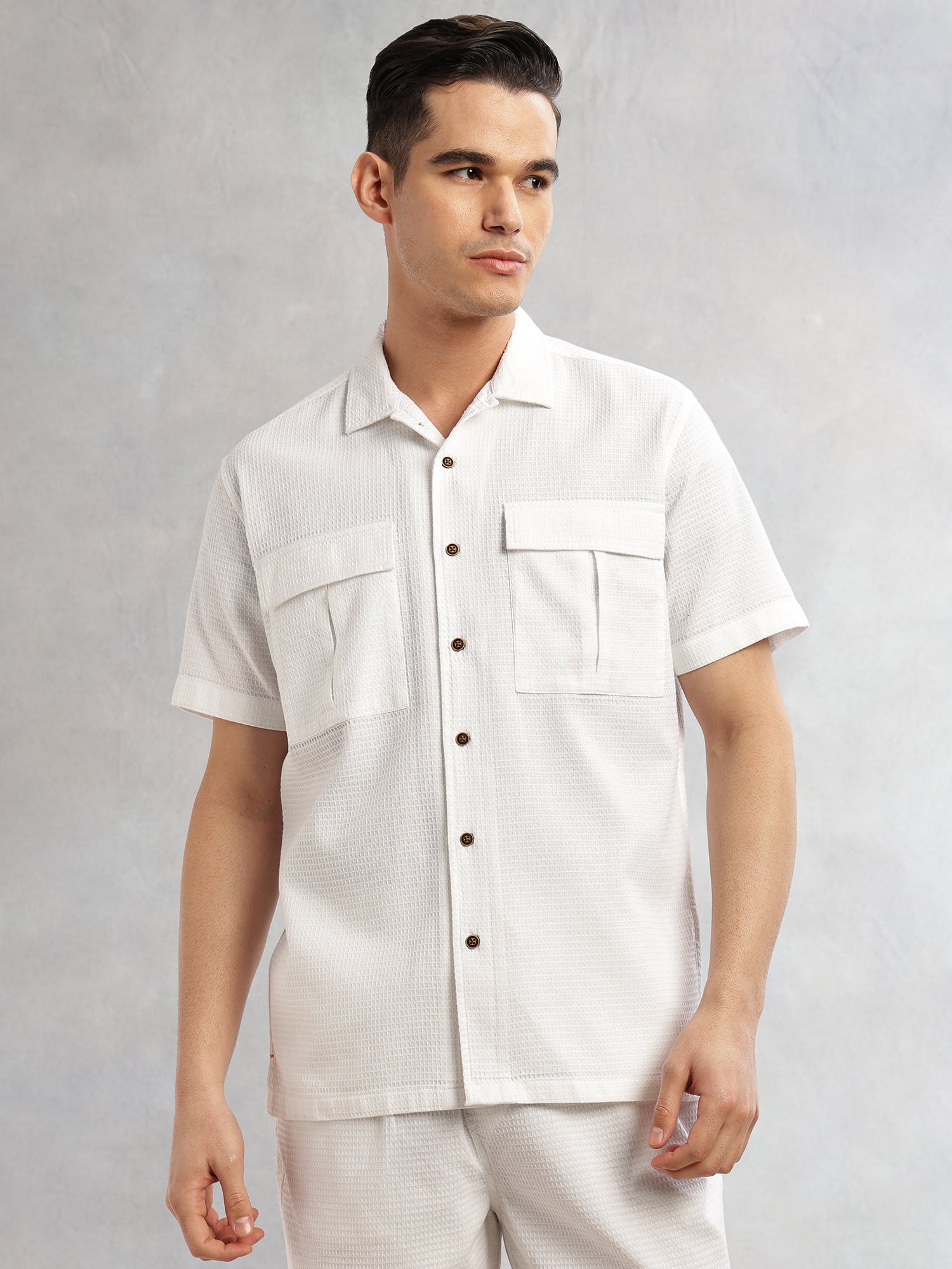 Thomas Scott Men White Cricket Club Collection Oversized Fit Short Sleeves Textured Cotton Casual Shirt