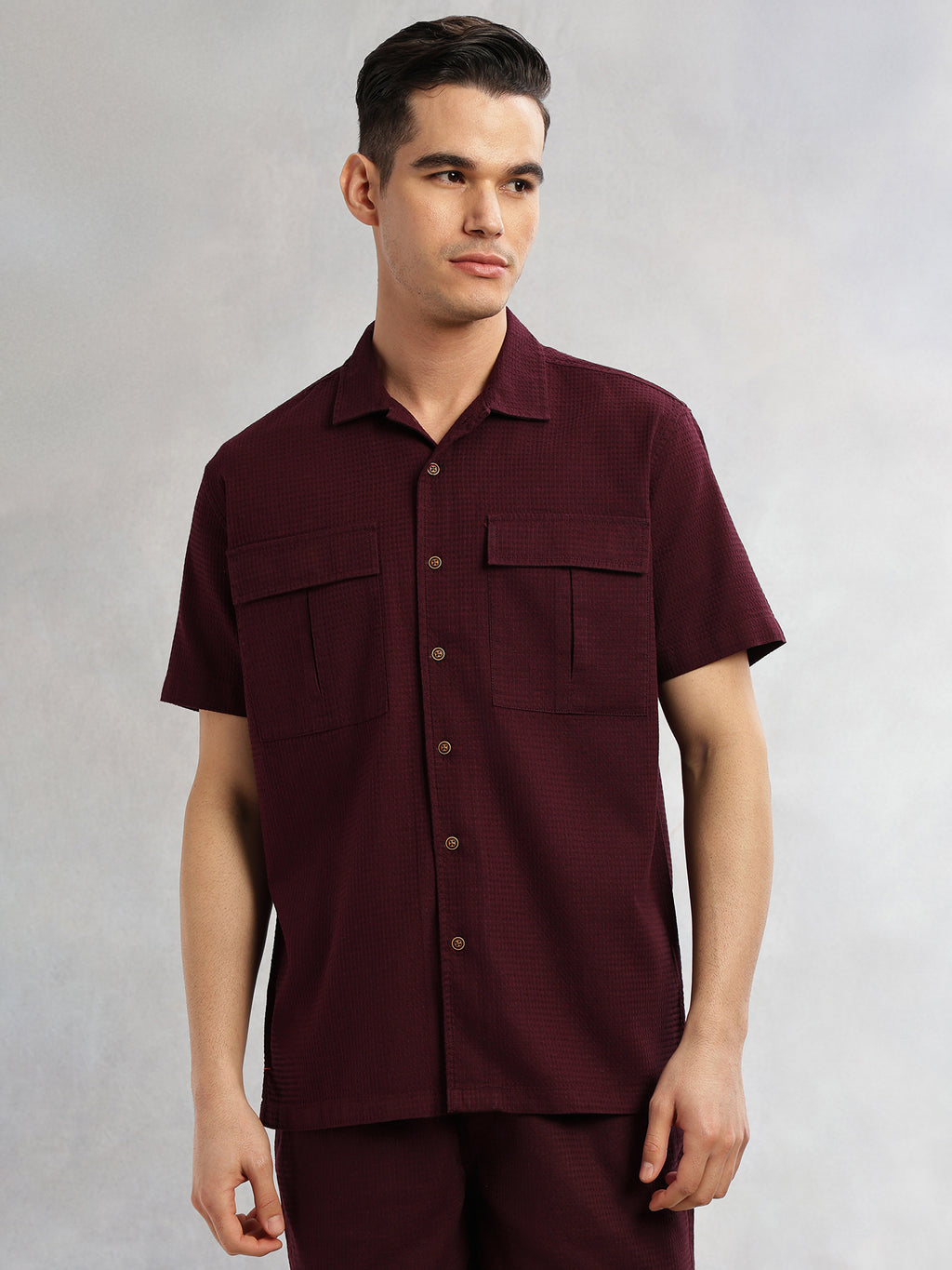 Thomas Scott Men Wine Cricket Club Collection Oversized Fit Short Sleeves Textured Cotton Casual Shirt