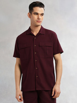 Thomas Scott Men Wine Cricket Club Collection Oversized Fit Short Sleeves Textured Cotton Casual Shirt