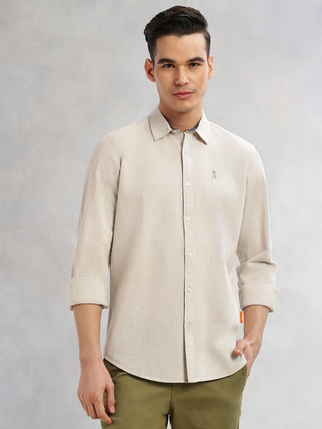 Thomas Scott Men Beige Cricket Club Collection Slim Fit Long Sleeves Spread Collar Pinstripe Cotton Linen Casual Shirt