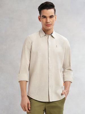 Thomas Scott Men Beige Cricket Club Collection Slim Fit Long Sleeves Spread Collar Pinstripe Cotton Linen Casual Shirt
