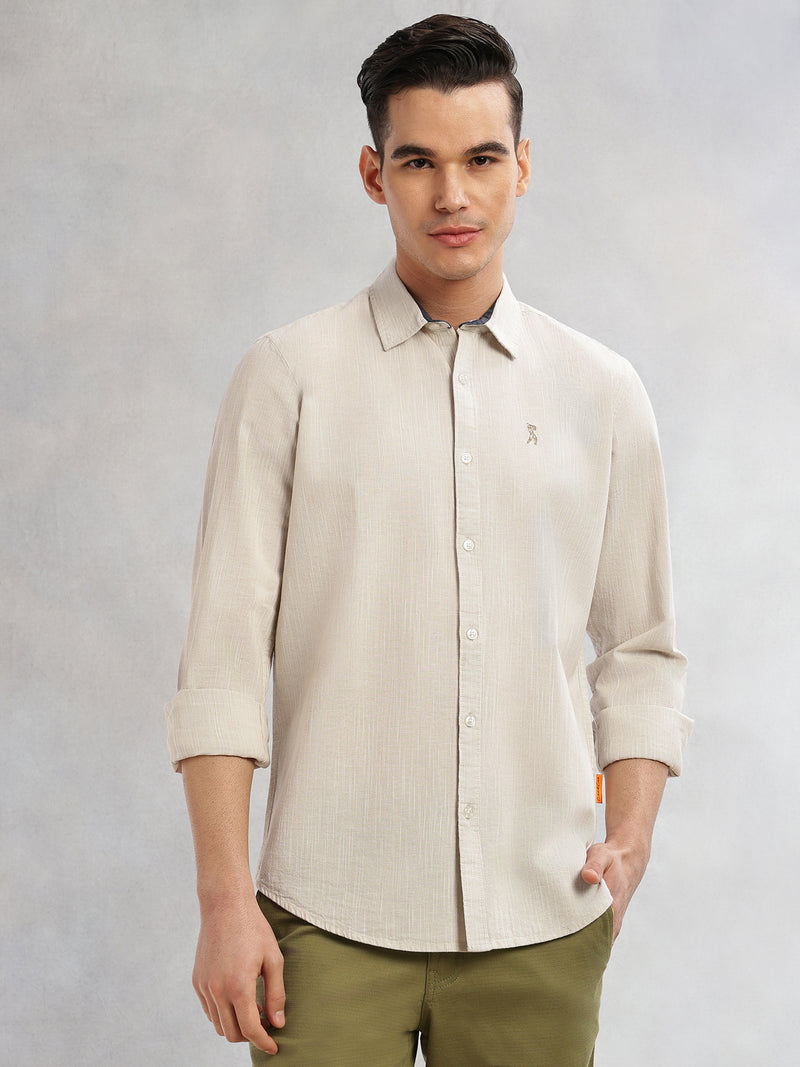 Thomas Scott Men Beige Cricket Club Collection Slim Fit Long Sleeves Spread Collar Pinstripe Cotton Linen Casual Shirt