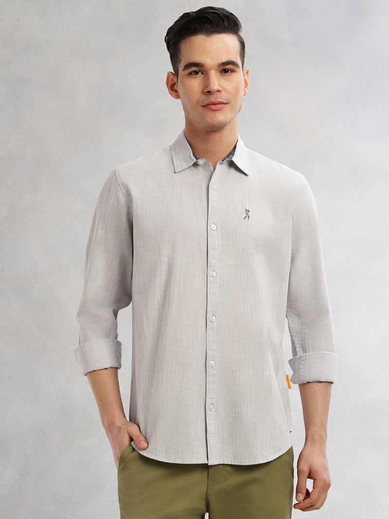 Thomas Scott Men Grey Cricket Club Collection Slim Fit Long Sleeves Spread Collar Pinstripe Cotton Linen Casual Shirt