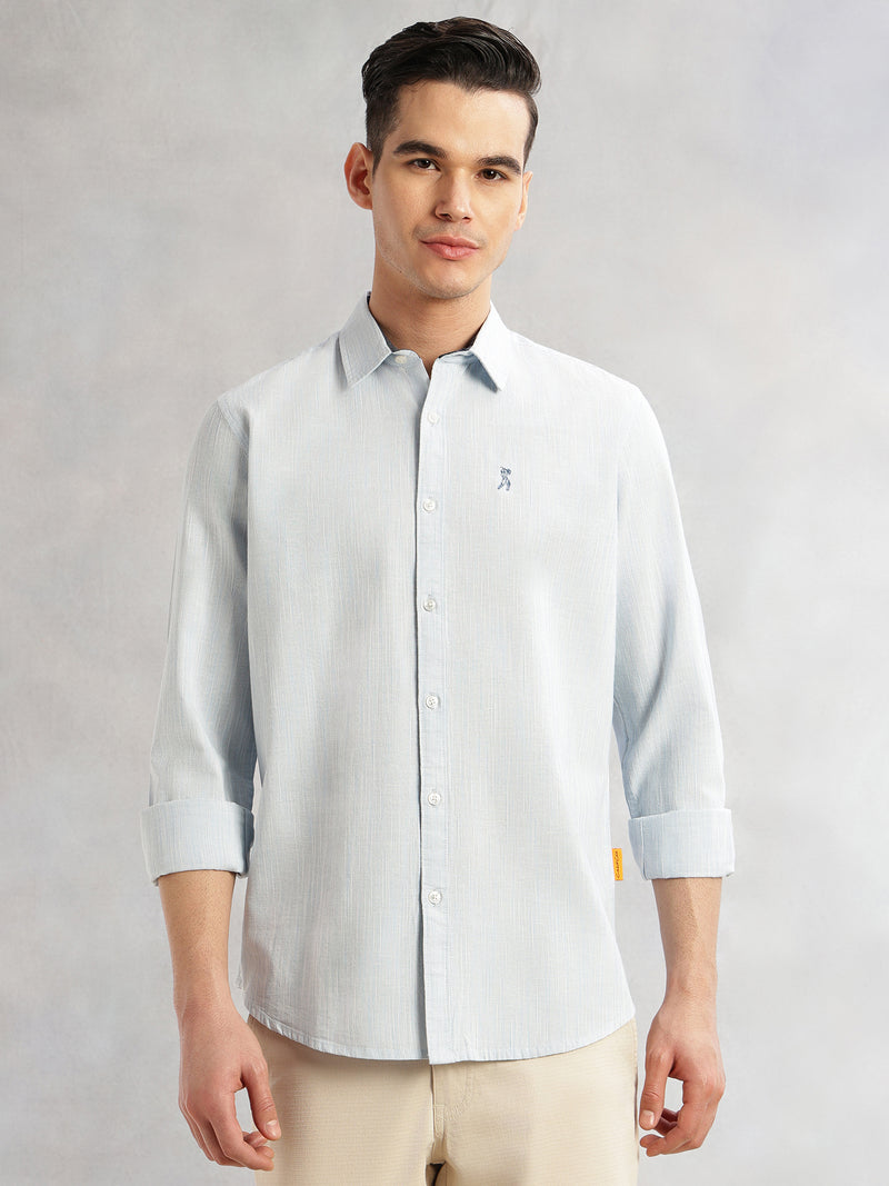 Thomas Scott Men Sky Blue Cricket Club Collection Slim Fit Long Sleeves Spread Collar Pinstripe Cotton Linen Casual Shirt