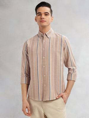 Thomas Scott Men Beige Cricket Club Collection Slim Fit Long Sleeves Button-Down Collar Multi Stripe Cotton Casual Shirt