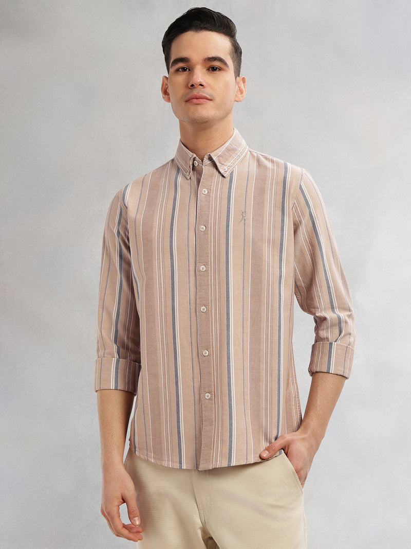 Thomas Scott Men Beige Cricket Club Collection Slim Fit Long Sleeves Button-Down Collar Multi Stripe Cotton Casual Shirt