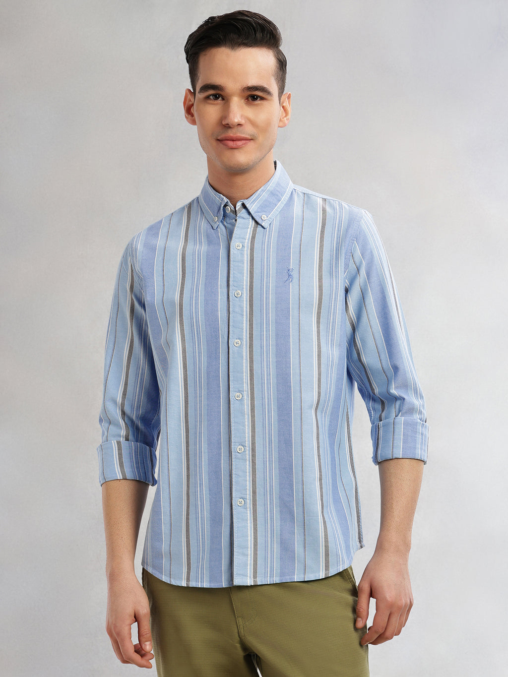 Thomas Scott Men Blue Cricket Club Collection Slim Fit Long Sleeves Button-Down Collar Multi Stripe Cotton Casual Shirt